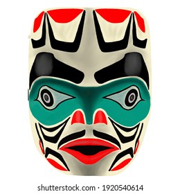 Traditional national Indian totem. Totem pole drawing sculpture art. Ancient wooden mask. Mayan and Aztec symbolic religious gods faces. Ethnic pagan worship and idolatry.