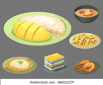 Traditional National thai food thailand asian plate cuisine seafood prawn cooking delicious vector illustration.