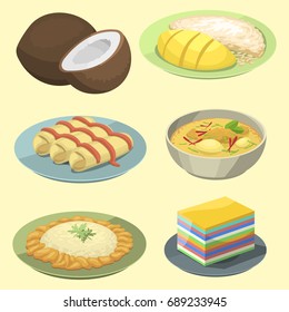 Traditional National thai food thailand asian plate cuisine seafood prawn cooking delicious vector illustration.