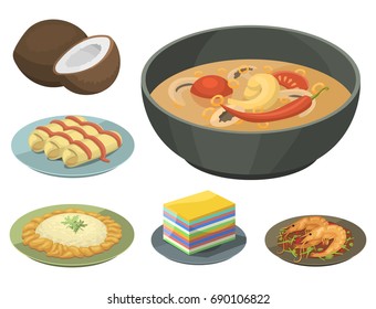 Traditional National thai food thailand asian plate cuisine seafood prawn cooking delicious vector illustration.