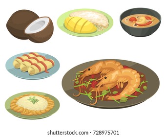 Traditional National thai food thailand asian plate cuisine seafood prawn cooking delicious vector illustration.