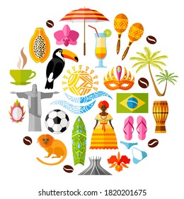 Traditional national Travel symbols of Brazil. Vector traditional Brazilian attractions and landmarks isolated on white. Set of icons on the tourist theme.