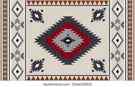 Traditional Native American blanket pattern featuring central diamond motif in grey and red. Classic ethnic design with geometric elements perfect for textile and interior decor.