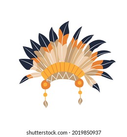 Tradicional tocador de plumas nativas norteamericanas. Icono de warbonnet con dibujos animados de color. Disfraz de mascarada para Acción de Gracias. Sombrero para un desfile festivo de otoño. Objeto, elemento, cliente, elemento para tarjeta de saludo.