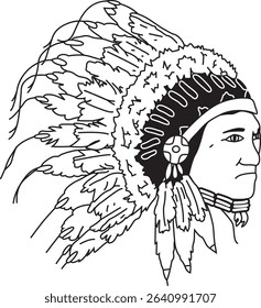 Traditional Native American Indian Chief Head Profile with Headdress Line Art Illustration