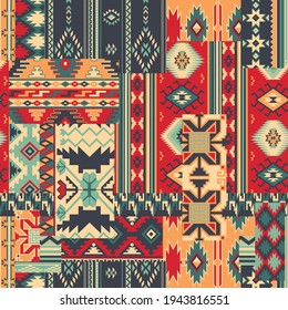 Traditional Native American Style Fabric Patchwork Vector Seamless Pattern 
