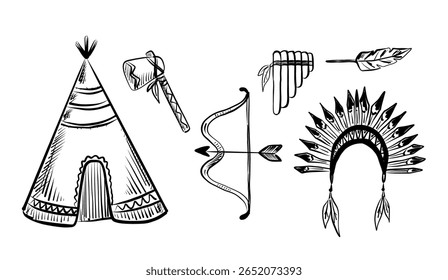 Traditional native American symbols and elements including a teepee, bow, arrows, and headdress in vector style