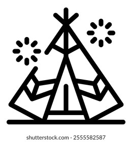 Traditional native american teepee with fireworks exploding overhead during a night celebration or powwow