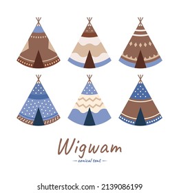 Traditional Native American tribal mobile house wigwam set isolated on white background.