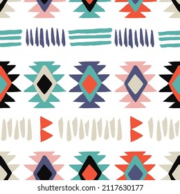 Traditional Native Americans Southwest, Navajo style, Aztec, Wild West seamless pattern. Tribal geometric print with abstract hand-drawn textured shapes. Ethnic design wallpaper, fabric, textile.