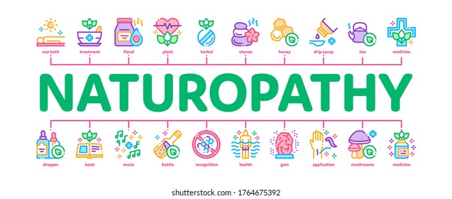 Traditional Naturopathy Medicine Minimal Infographic Web Banner Vector. Naturopathy Alternative Therapy With Honey And Herb, Music And Mushrooms Illustration