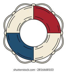 Traditional nautical lifebuoy ring featuring red white and blue sections with attached rope for marine safety.