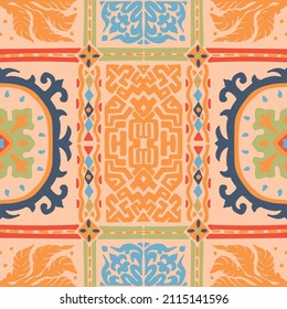 Traditional Navajo ornate portuguese decorative color tiles azulejos. Abstract background. Vector hand drawn illustration, typical portuguese tiles, Ceramic tiles. Seamless pattern.