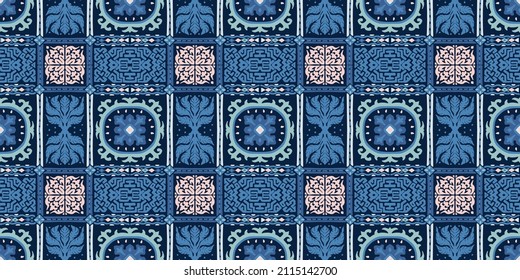 Traditional Navajo ornate portuguese decorative color tiles azulejos. Abstract background. Vector hand drawn illustration, typical portuguese tiles, Ceramic tiles. Seamless pattern.