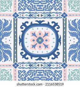 Traditional Navajo ornate portuguese decorative color tiles azulejos. Abstract background. Vector hand drawn illustration, typical portuguese tiles, Ceramic tiles. Seamless pattern.