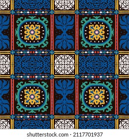 Traditional Navajo ornate portuguese decorative color tiles azulejos. Abstract background. Vector hand drawn illustration, typical portuguese tiles, Ceramic tiles. Seamless pattern.