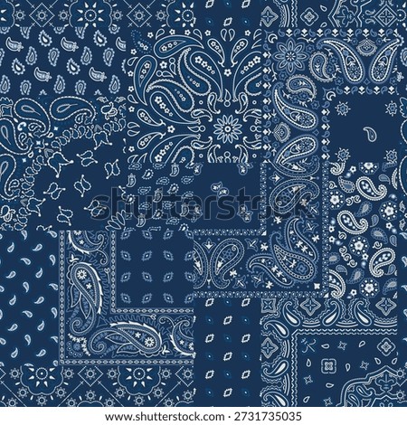 Traditional Navy Blue Bandana Patchwork Seamless Pattern with Paisley and Ornamental Motifs for Textile Print for Fabric, Seamless Pattern