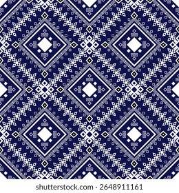 Traditional Navy Blue Geometric Pattern Vector Design with Diamond Motifs and Folk Art Elements