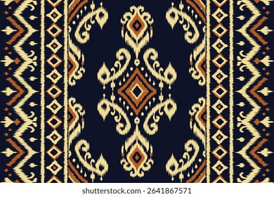 Traditional navy blue ikat floral pattern with damask and embroidery details, abstract ethnic seamless background illustration for fabric, clothing, decoration, and textured textile design.