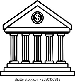 Traditional neoclassical bank icon with pillars. Icon of a secure bank with vault or dollar symbol. Vector bank building with fine details and subtle gradients.