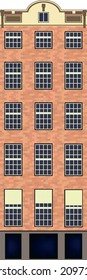 Traditional Netherlands detailed canal House with facade, entrance and mansard roof. Flat design of Narrow historic holland house. Old Amsterdam house as logo or emblem. Vintage architecture template