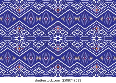 Tradicional e novos motivos étnicos ikat padrão de tecido geométrico ponto cruz. Ikat bordado étnico oriental pixel azul marinho fundo. Textura, cachecol, decoração, papel de parede, sem emenda