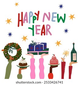 Traditional New Years food. Winter New Year greeting card design. Vector cartoon flat human hands holding Christmas gift, holiday wreath, sparkler, cupcake, jelly and wine