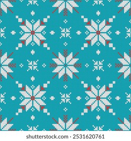 Traditional nordic star knit mosaic teal Vector Pattern. Retro knitting texture in blue teal, white, red seamless pattern.