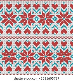 Traditional nordic star knit white red teal Vector Pattern. Retro fair isle knitting texture seamless pattern.