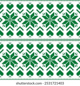 Traditional nordic star knit white green Vector Pattern. Retro fair isle pixelated knitting texture seamless pattern.