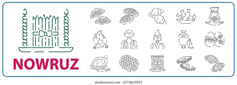 Traditional Norooz holiday, Nawrouz line icon set, samani sign, Novruz Azerbaijan, Nowrouz Iranian or Persian New Year, Kazakhstan, Turkmenistan Nowruz and Navruz, Nevruz, Iran Nowruz or Navruz svg