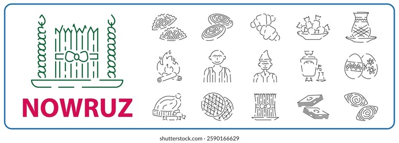 Traditional Norooz holiday, Nawrouz line icon set, samani sign, Novruz Azerbaijan, Nowrouz Iranian or Persian New Year, Kazakhstan, Turkmenistan Nowruz and Navruz, Nevruz, Iran Nowruz or Navruz