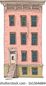 A traditional north americann urban facade of residential house with fire ladders. Cartoon. Caricature. New York city old facade.