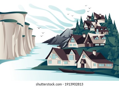 traditional north village on the rock coast summer openspace landscape. Cartoon vector illustration. Ecotourism and holiday travel.