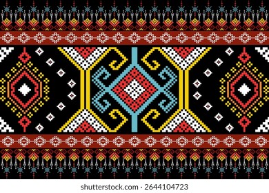 Traditional northern Thai textile pattern in pixel art style, featuring colorful geometric and ethnic designs inspired by local cultural heritage.
