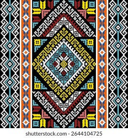 Traditional northern Thai textile pattern in pixel art style, featuring colorful geometric and ethnic designs inspired by local cultural heritage.