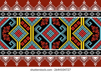 Traditional northern Thai textile pattern in pixel art style, featuring colorful geometric and ethnic designs inspired by local cultural heritage.