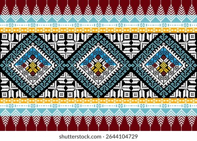 Traditional northern Thai textile pattern in pixel art style, featuring colorful geometric and ethnic designs inspired by local cultural heritage.