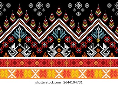 Traditional northern Thai textile pattern in pixel art style, featuring colorful geometric and ethnic designs inspired by local cultural heritage.