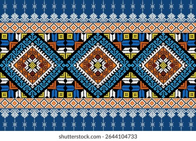 Traditional northern Thai textile pattern in pixel art style, featuring colorful geometric and ethnic designs inspired by local cultural heritage.
