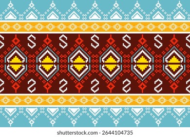Traditional northern Thai textile pattern in pixel art style, featuring colorful geometric and ethnic designs inspired by local cultural heritage.