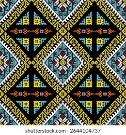 Traditional northern Thai textile pattern in pixel art style, featuring colorful geometric and ethnic designs inspired by local cultural heritage.