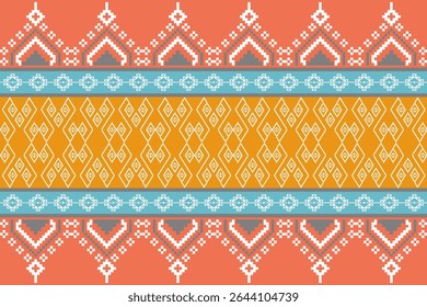 Traditional northern Thai textile pattern in pixel art style, featuring colorful geometric and ethnic designs inspired by local cultural heritage.