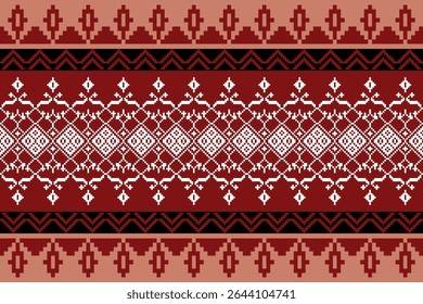 Traditional northern Thai textile pattern in pixel art style, featuring colorful geometric and ethnic designs inspired by local cultural heritage.