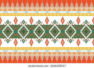 Traditional northern Thai textile pattern in pixel art style, featuring colorful geometric and ethnic designs inspired by local cultural heritage.
