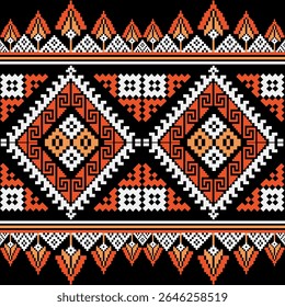Traditional northern Thai textile pattern in pixel art style, featuring colorful geometric and ethnic designs inspired by local cultural heritage.