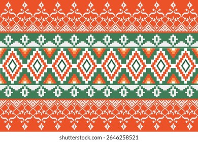 Traditional northern Thai textile pattern in pixel art style, featuring colorful geometric and ethnic designs inspired by local cultural heritage.
