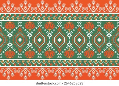 Traditional northern Thai textile pattern in pixel art style, featuring colorful geometric and ethnic designs inspired by local cultural heritage.