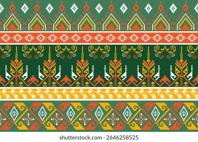 Traditional northern Thai textile pattern in pixel art style, featuring colorful geometric and ethnic designs inspired by local cultural heritage.