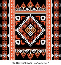 Traditional northern Thai textile pattern in pixel art style, featuring colorful geometric and ethnic designs inspired by local cultural heritage.